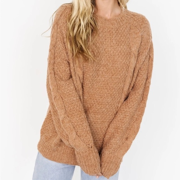 In Loom Tan Camel Brown Chunky Cable Knit Wool Sweater Size S NWT - Picture 13 of 16